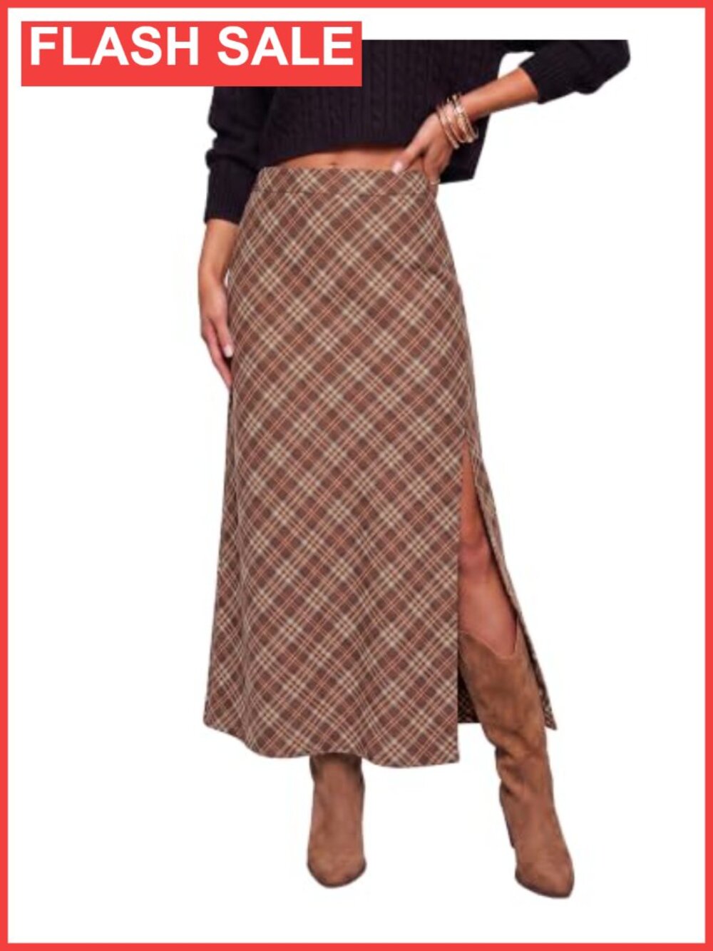 Plaid Maxi Skirt A-Line Long with Side Slit High Rise Elastic Waist